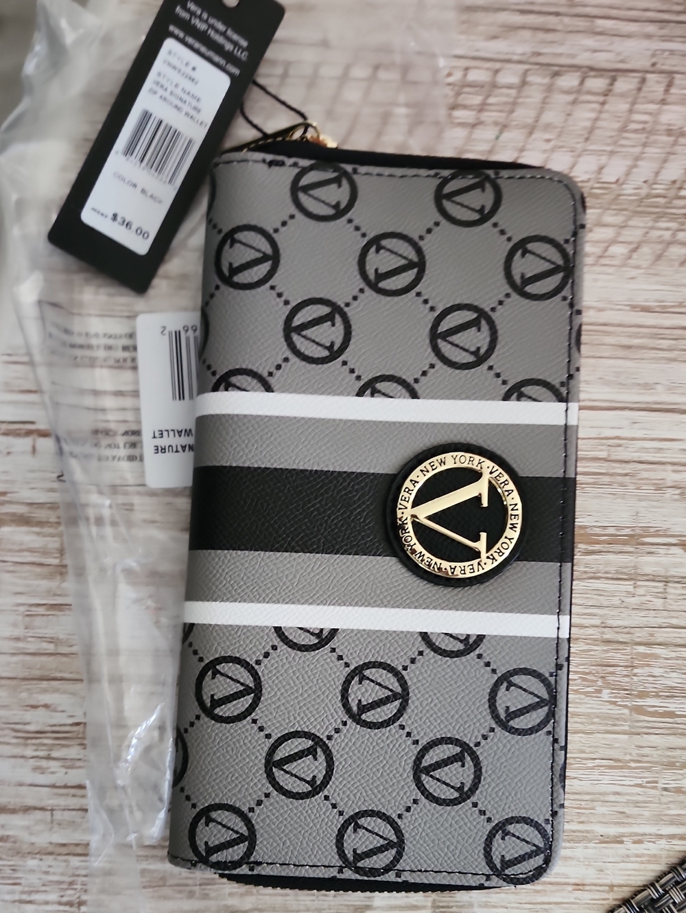 Low Start Vera NEW YORK Gray Black Stripe Logo Zip Wallet